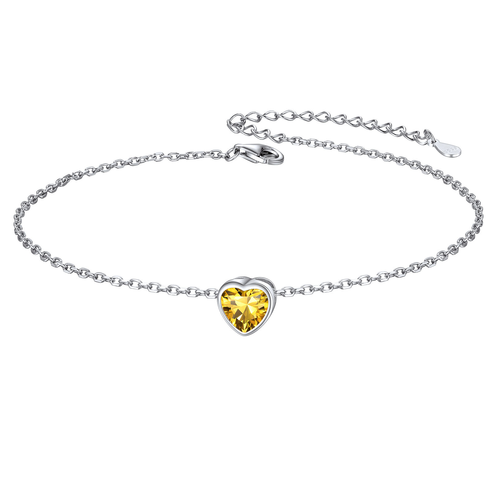 925 Sterling Silver Heart Birthstone Adjustable Anklets For Women Nov