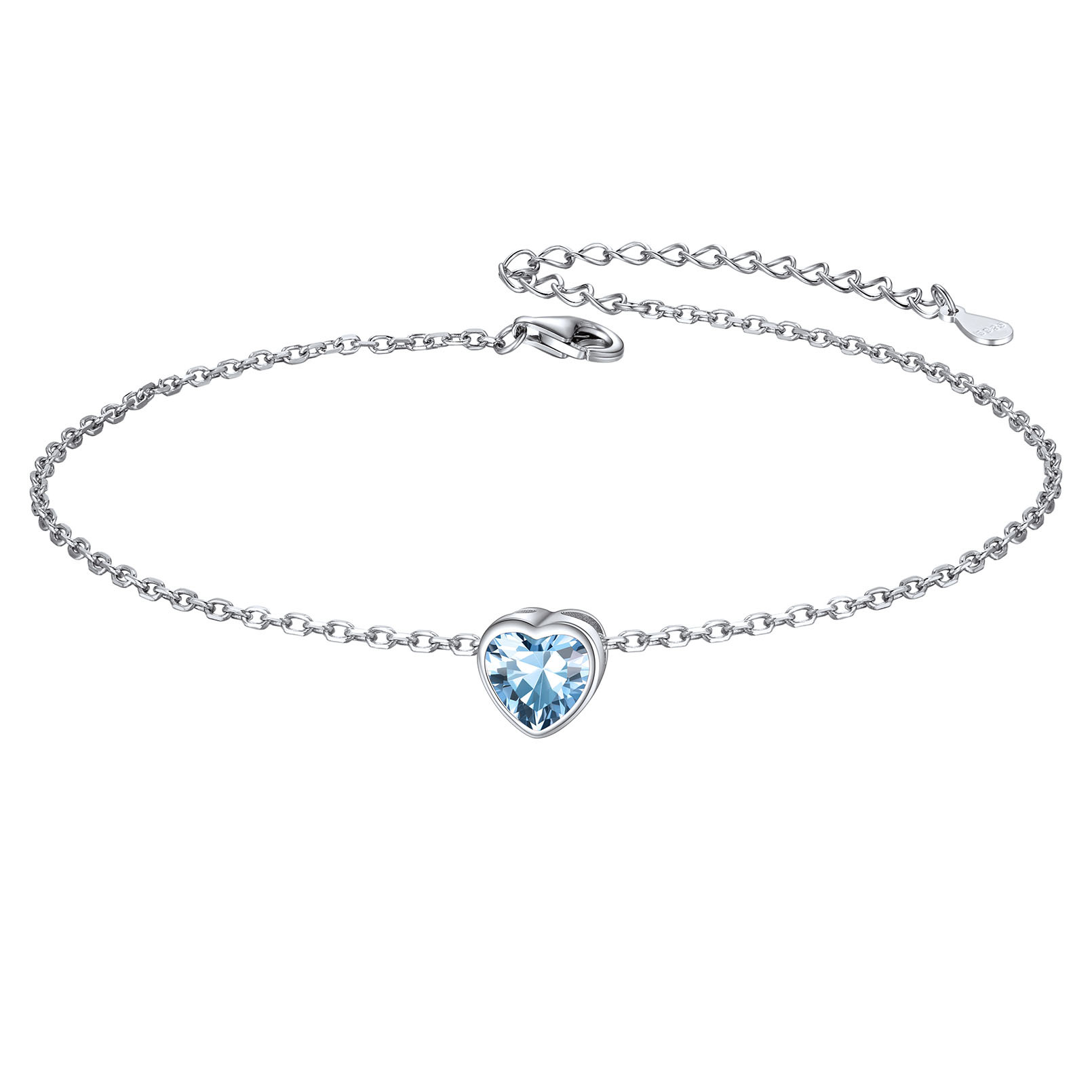 925 Sterling Silver Heart Birthstone Adjustable Anklets For Women Mar