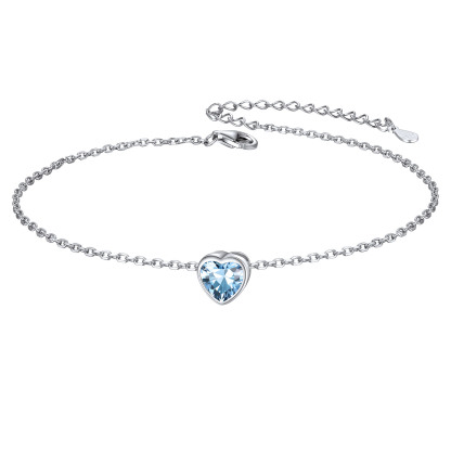 925 Sterling Silver Heart Birthstone Adjustable Anklets For Women Mar