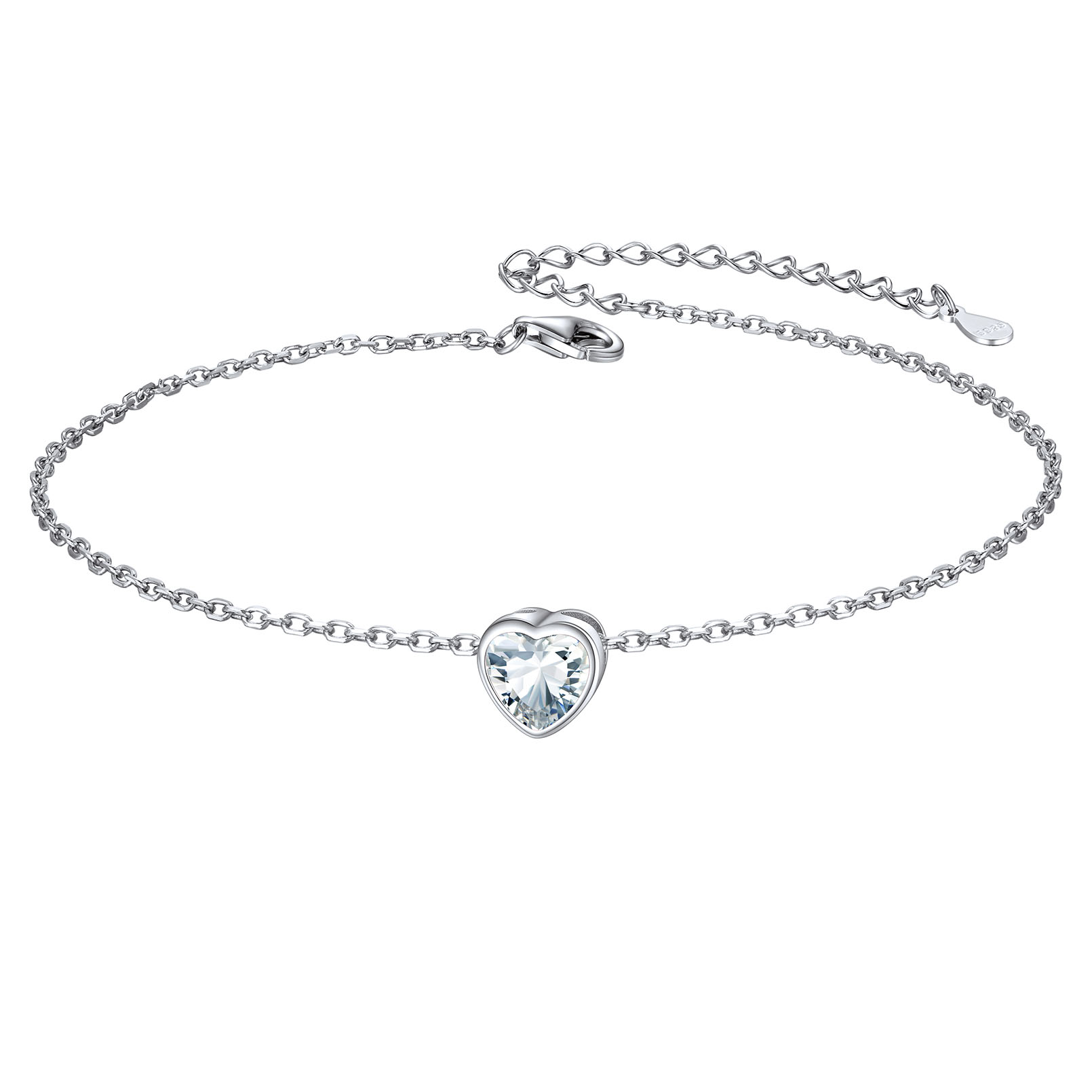 925 Sterling Silver Heart Birthstone Adjustable Anklets For Women Apr