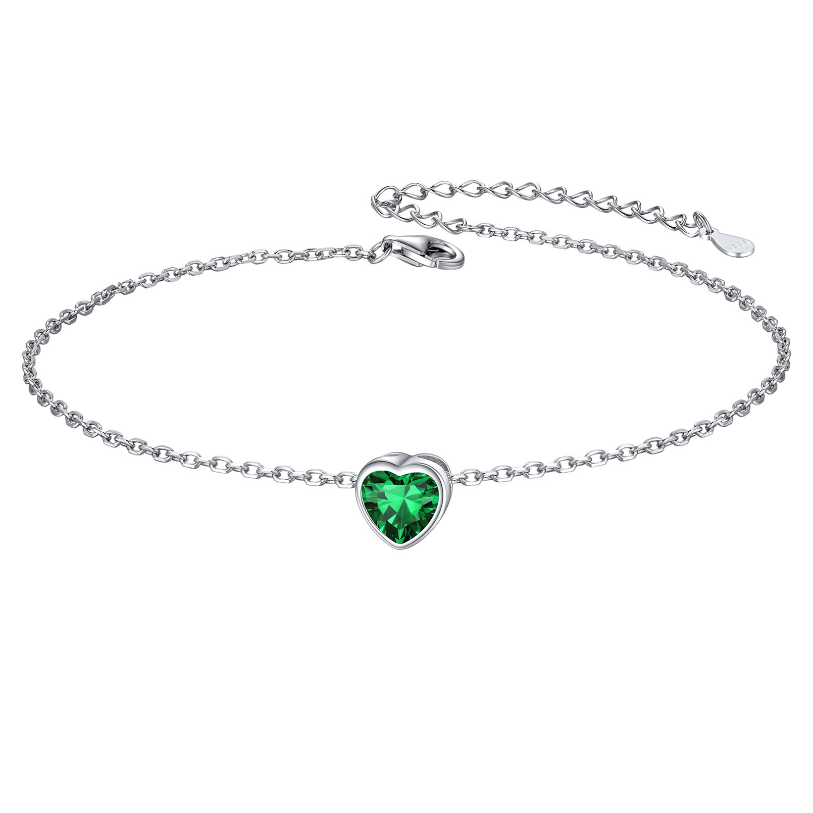 925 Sterling Silver Heart Birthstone Adjustable Anklets For Women May