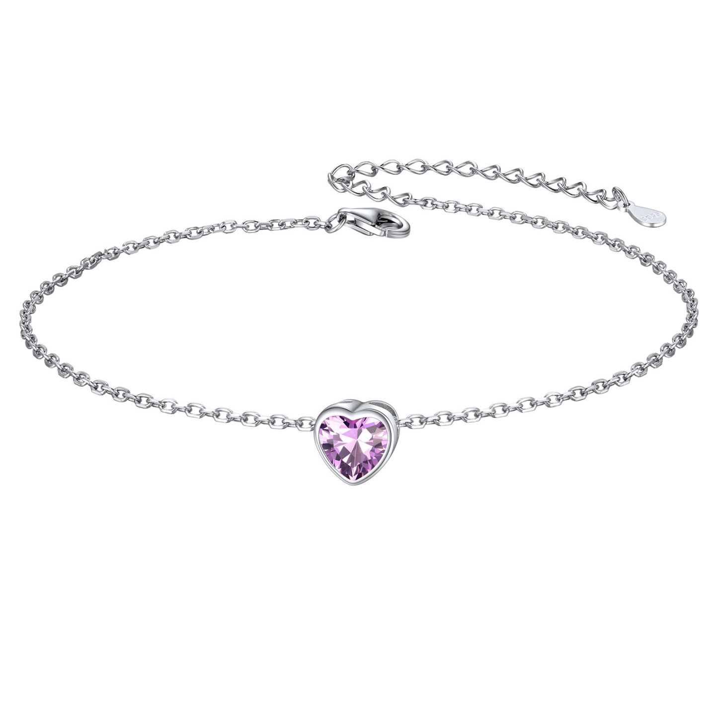 925 Sterling Silver Heart Birthstone Adjustable Anklets For Women Jun