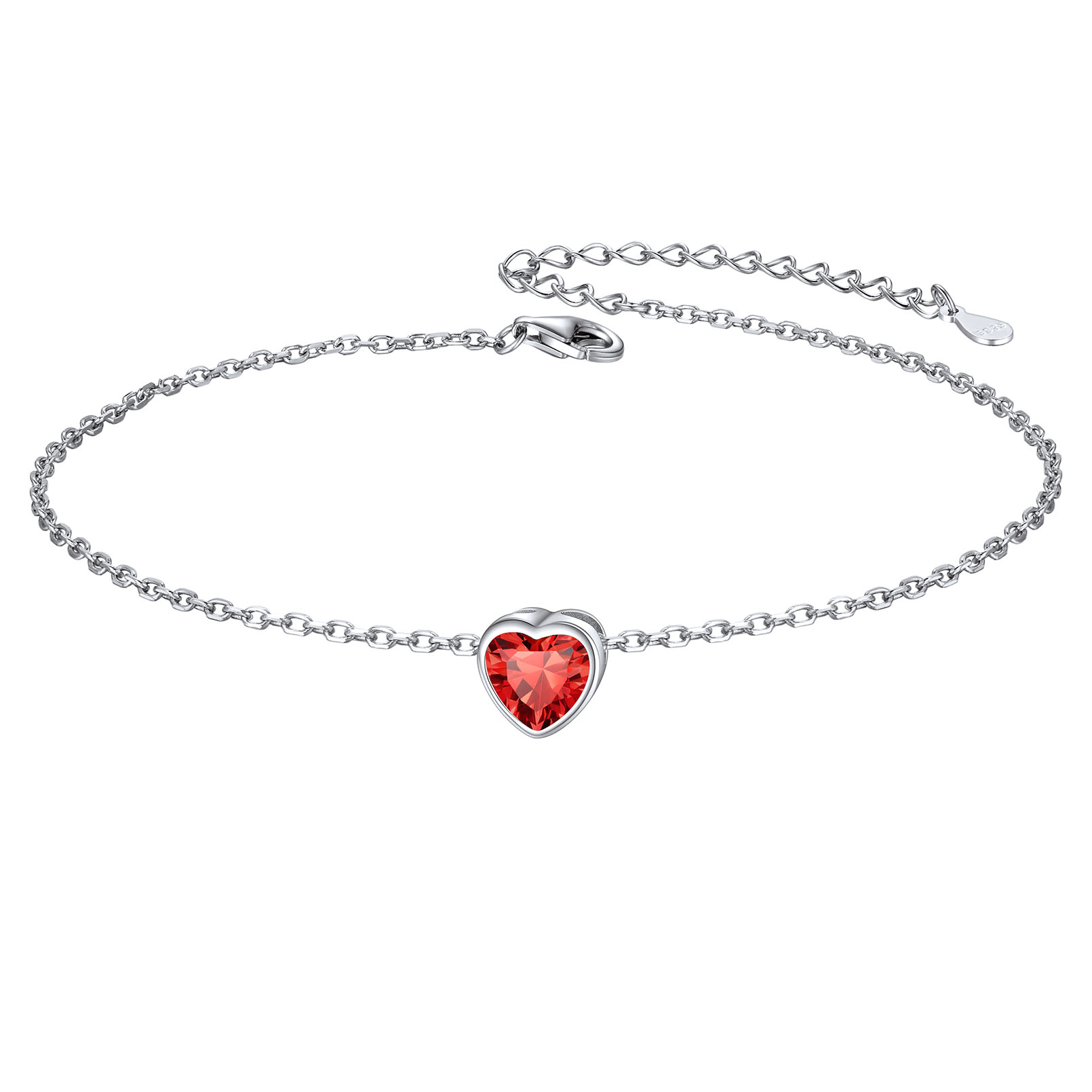 925 Sterling Silver Heart Birthstone Adjustable Anklets For Women Jul