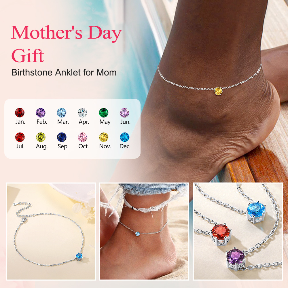 Birthstone Anklets Sterling Silver Round Ankle Bracelet for Women