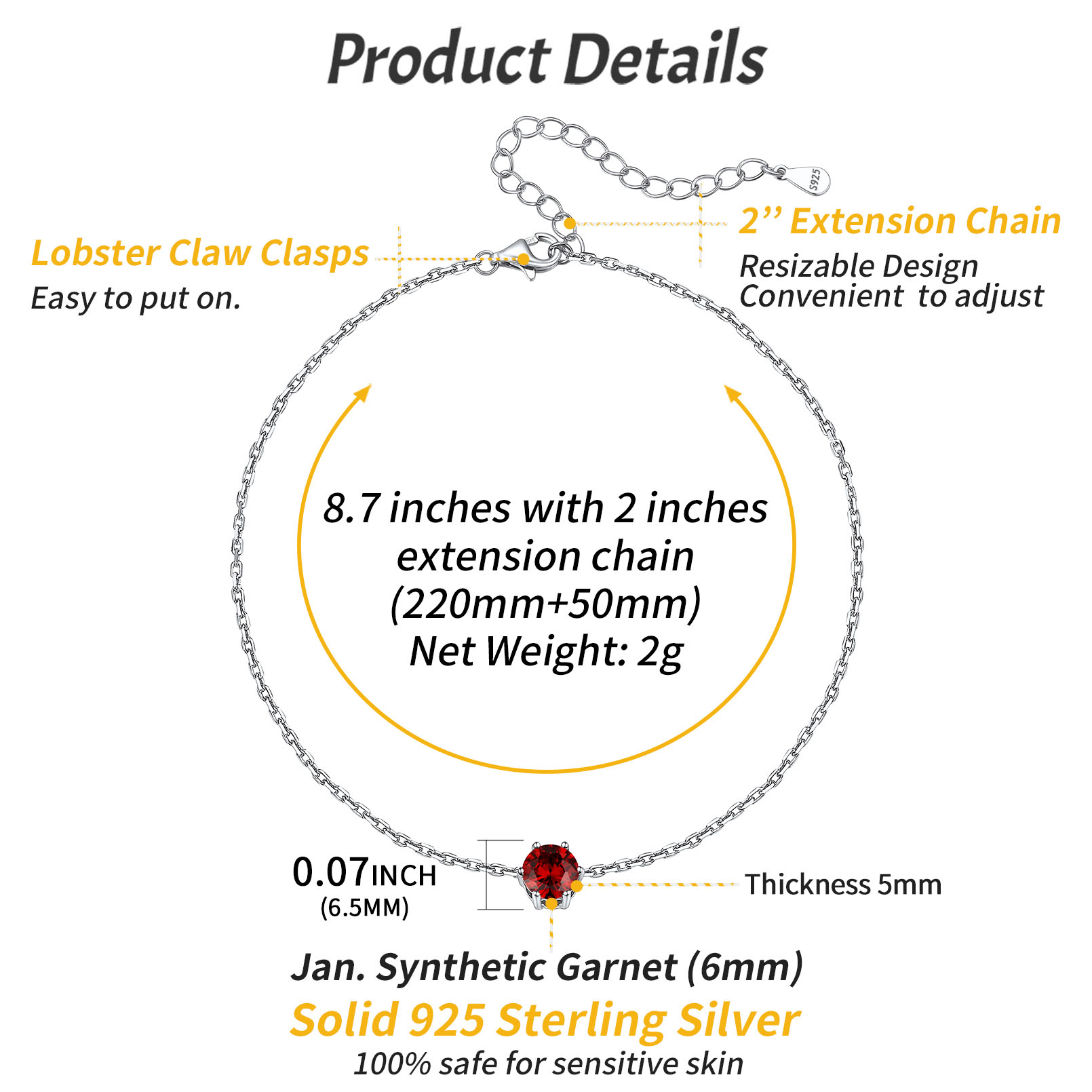 Birthstone Sterling Silver Round Figaro Anklets for Women size