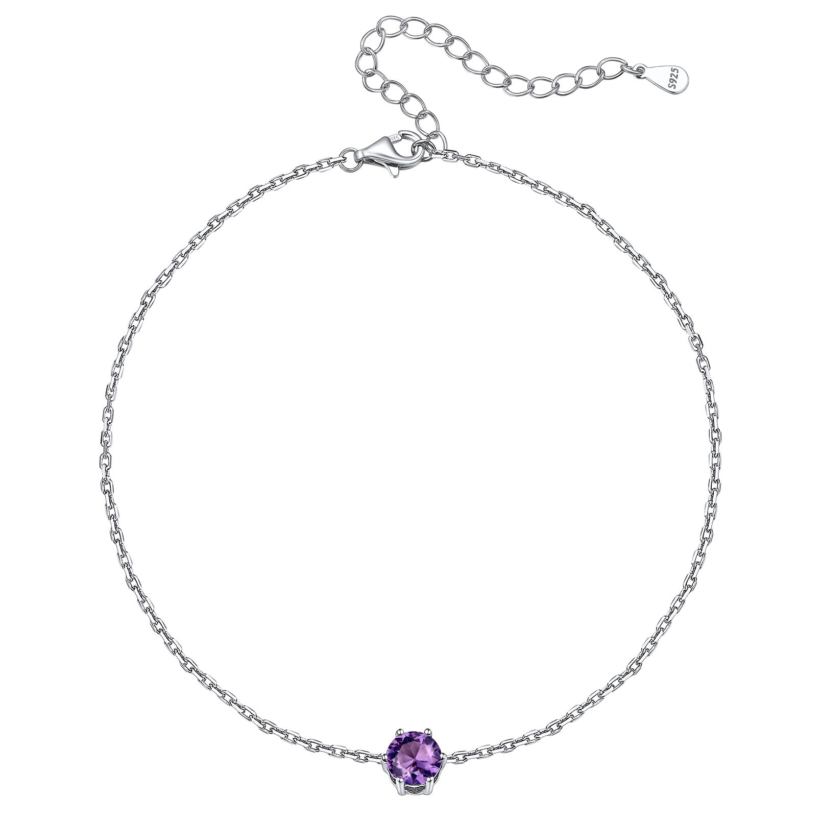 Birthstone Sterling Silver Round Figaro Anklets for Women Feb