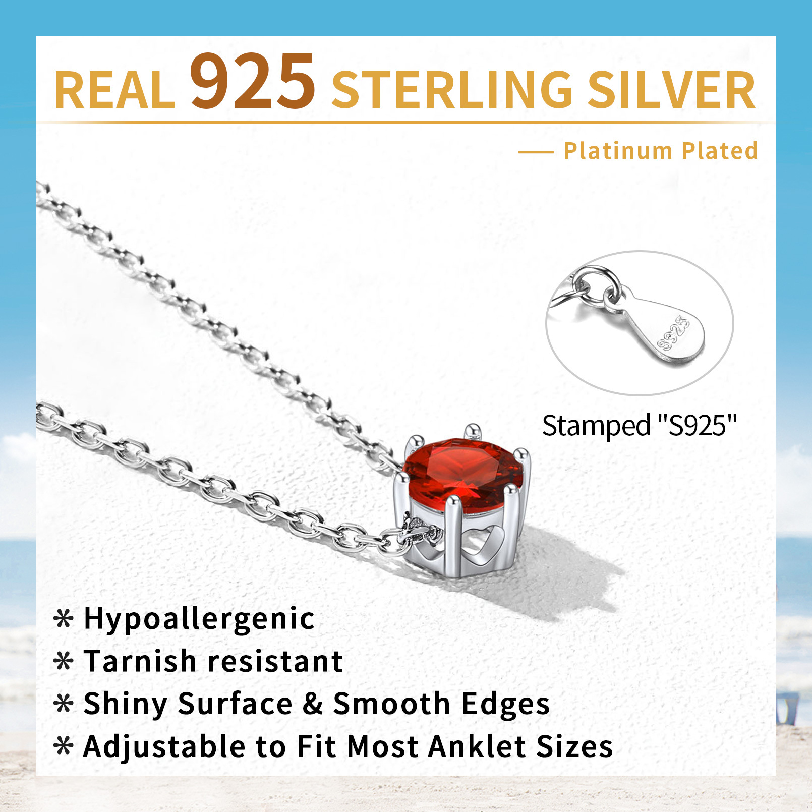 Birthstone Anklets Sterling Silver Round Ankle Bracelet for Women detail