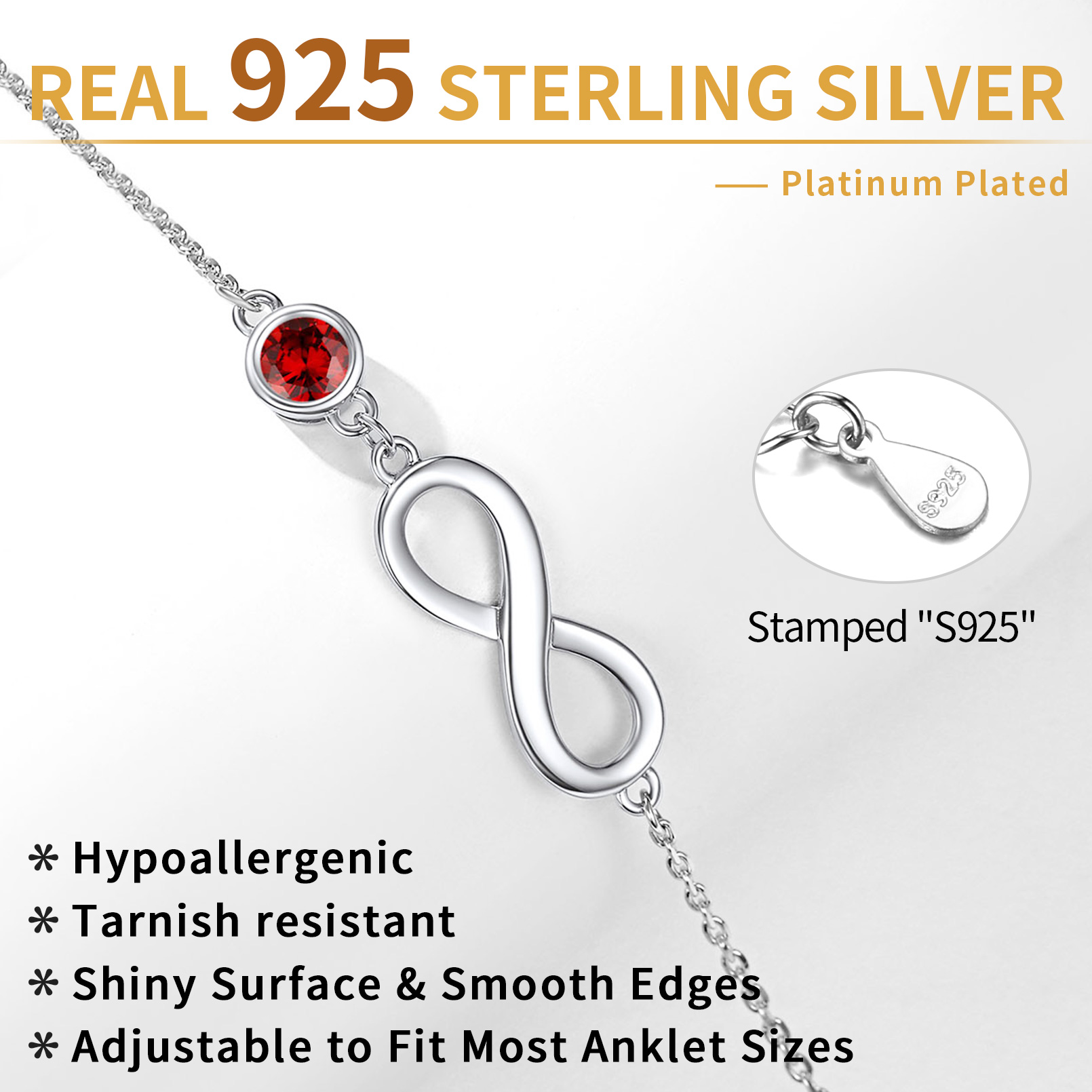 Birthstone 925 Sterling Silver Anklet 