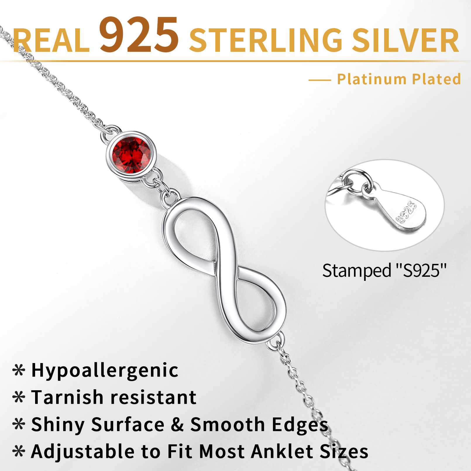 Birthstone 925 Sterling Silver Anklet 