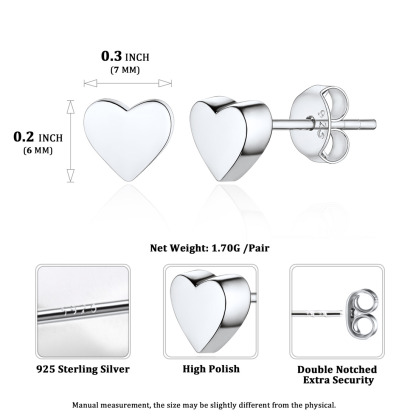 925 Sterling Silver Love Heart Stud Earrings for Women