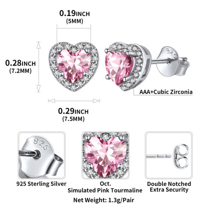 925 Sterling Silver Birthstone Heart Cut Stud Earrings for Women