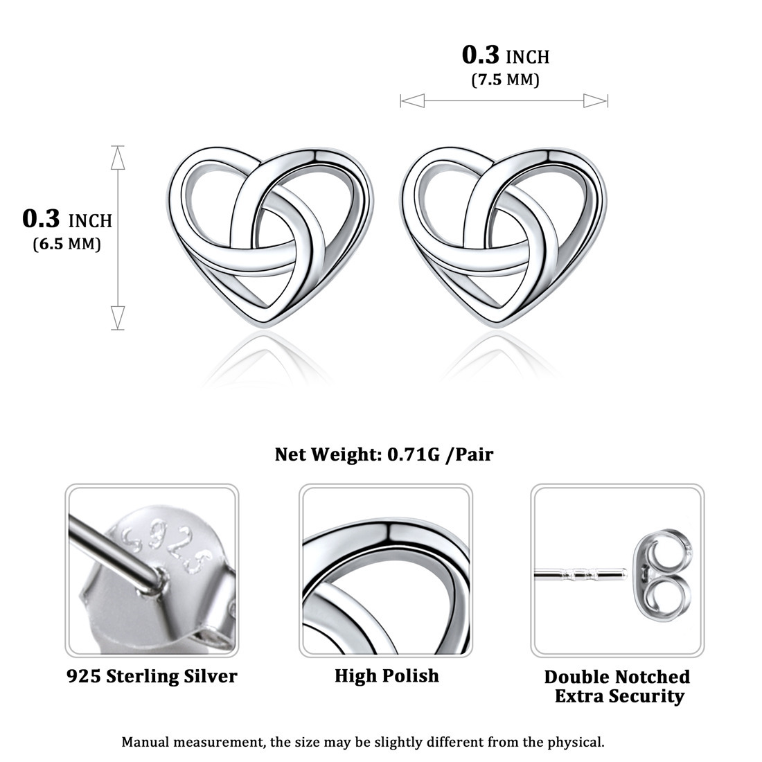Celtic Knot 925 Sterling Silver Heart  Stud Earrings For Women SIZE