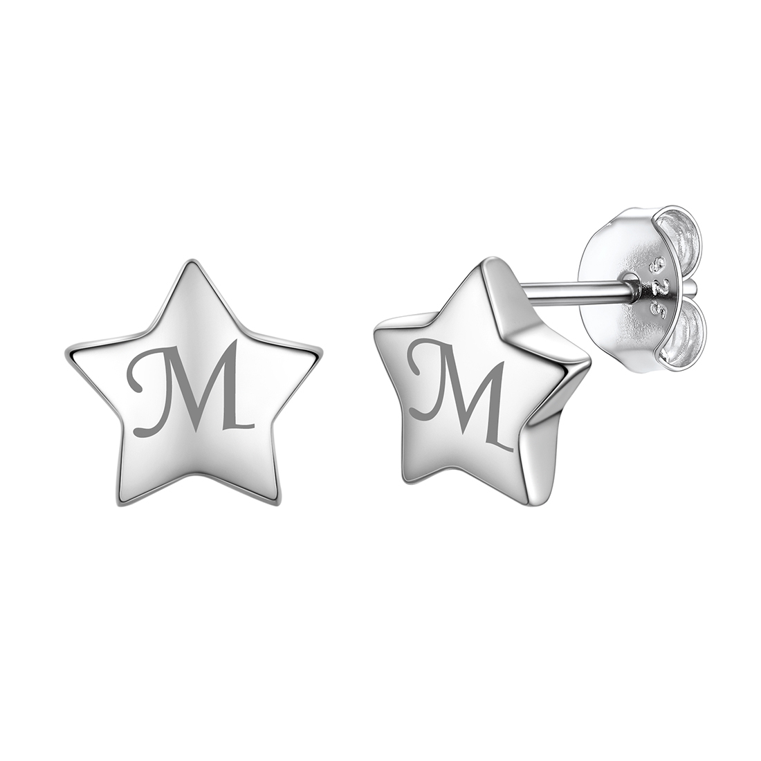 Engraved Star Personalized Hypoallergenic 925 Sterling Silver Stud Earrings for Women