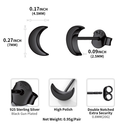 Sterling Silver Hypoallergenic  Moon Stud Earrings For Women black detail