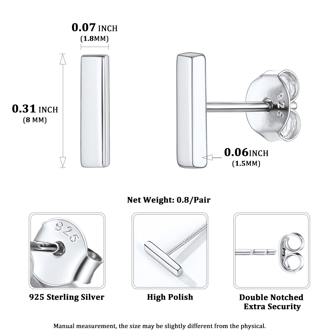 925 Sterling Silver Dainty Simple Bar Stud Earrings For Women SIZE