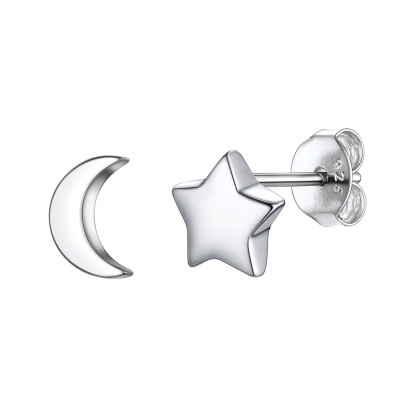925 Sterling Silver Dainty Simple Star Moon Stud Earrings For Women SILVER