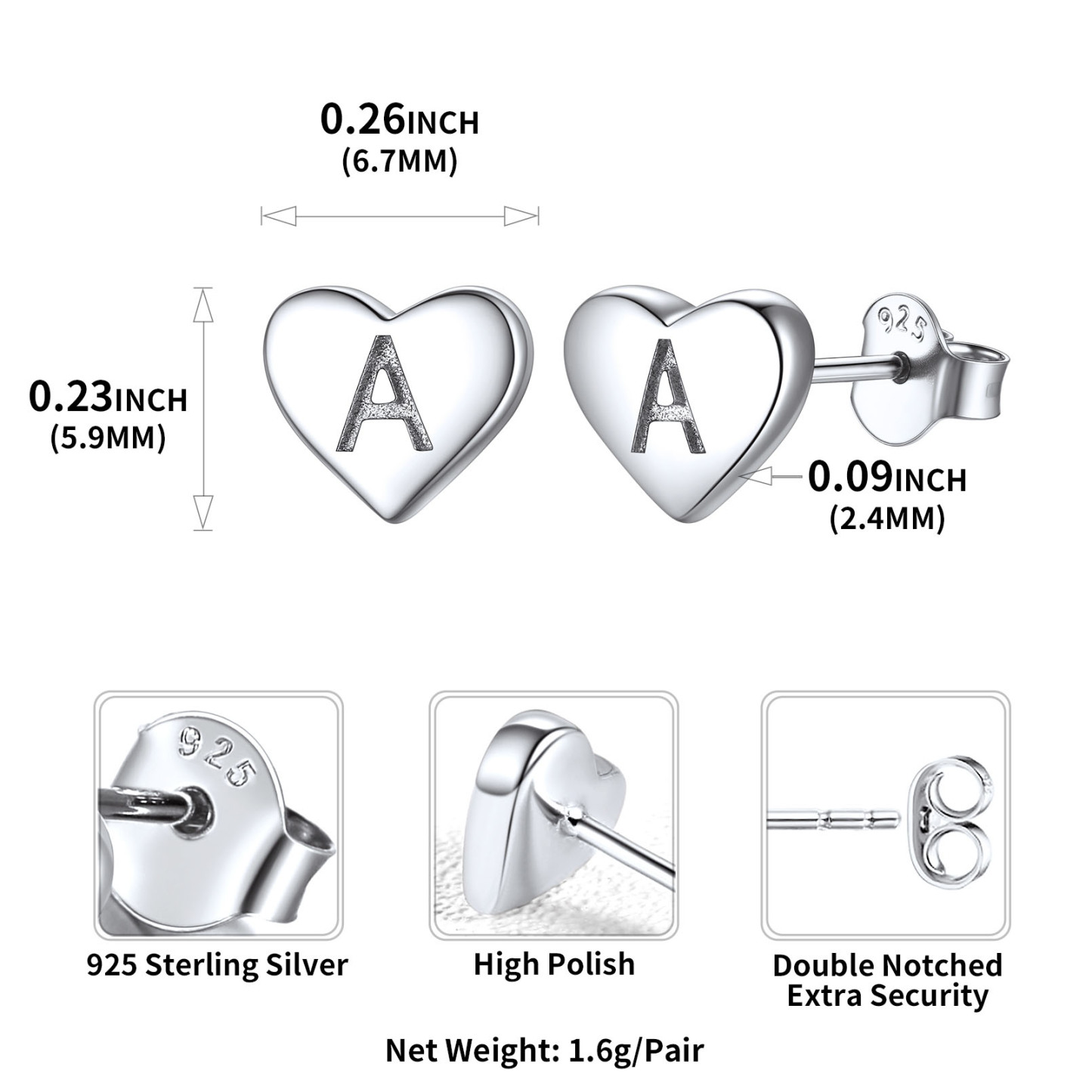 Heart Initial 925 Sterling Silver Stud Earrings for Women detail