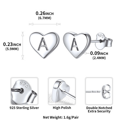Heart Initial 925 Sterling Silver Stud Earrings for Women detail