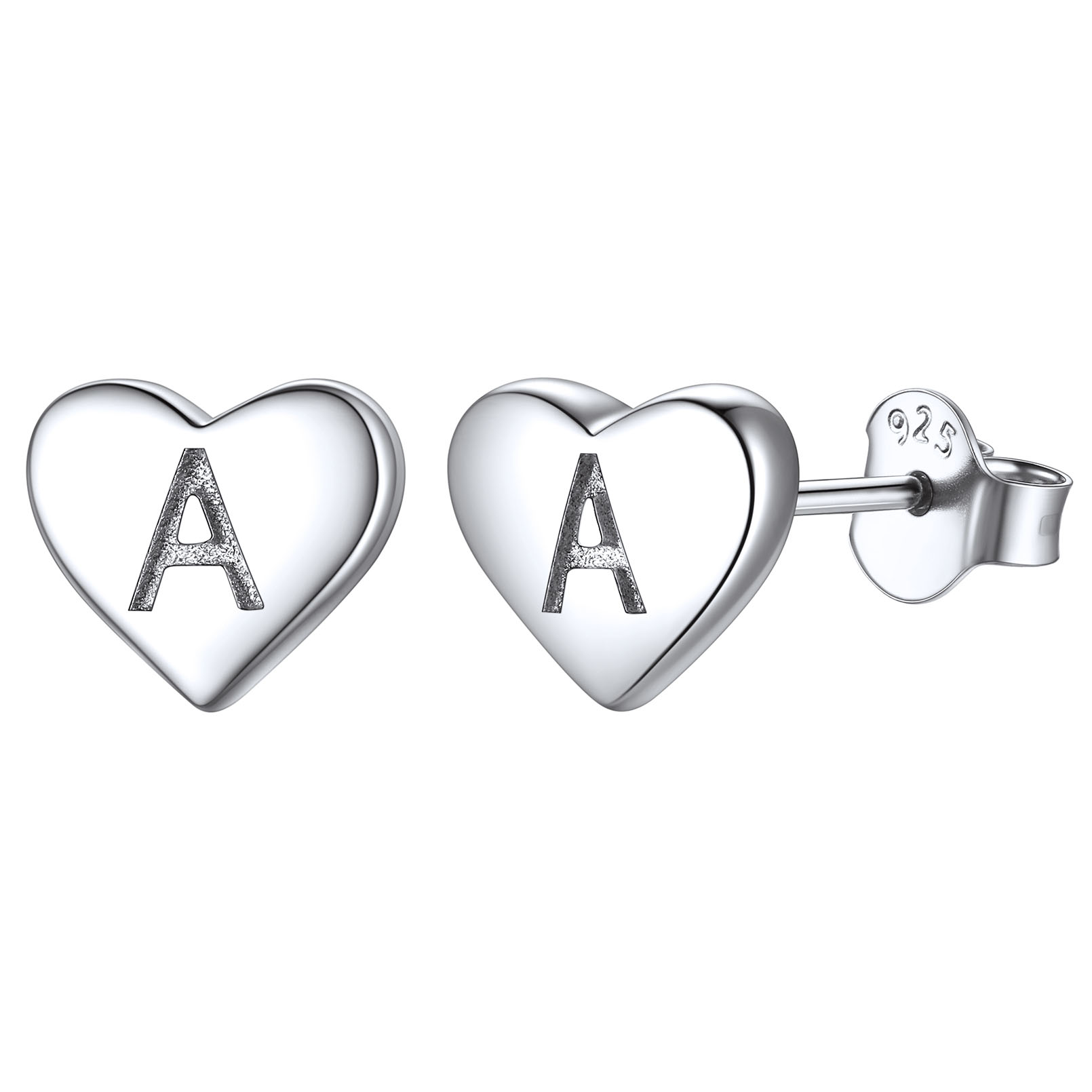 Heart Initial 925 Sterling Silver Stud Earrings for Women 