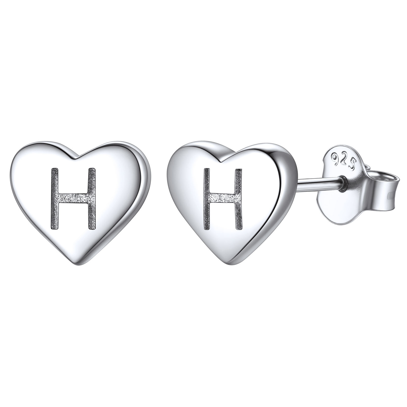 Heart Initial 925 Sterling Silver Stud Earrings for Women 
