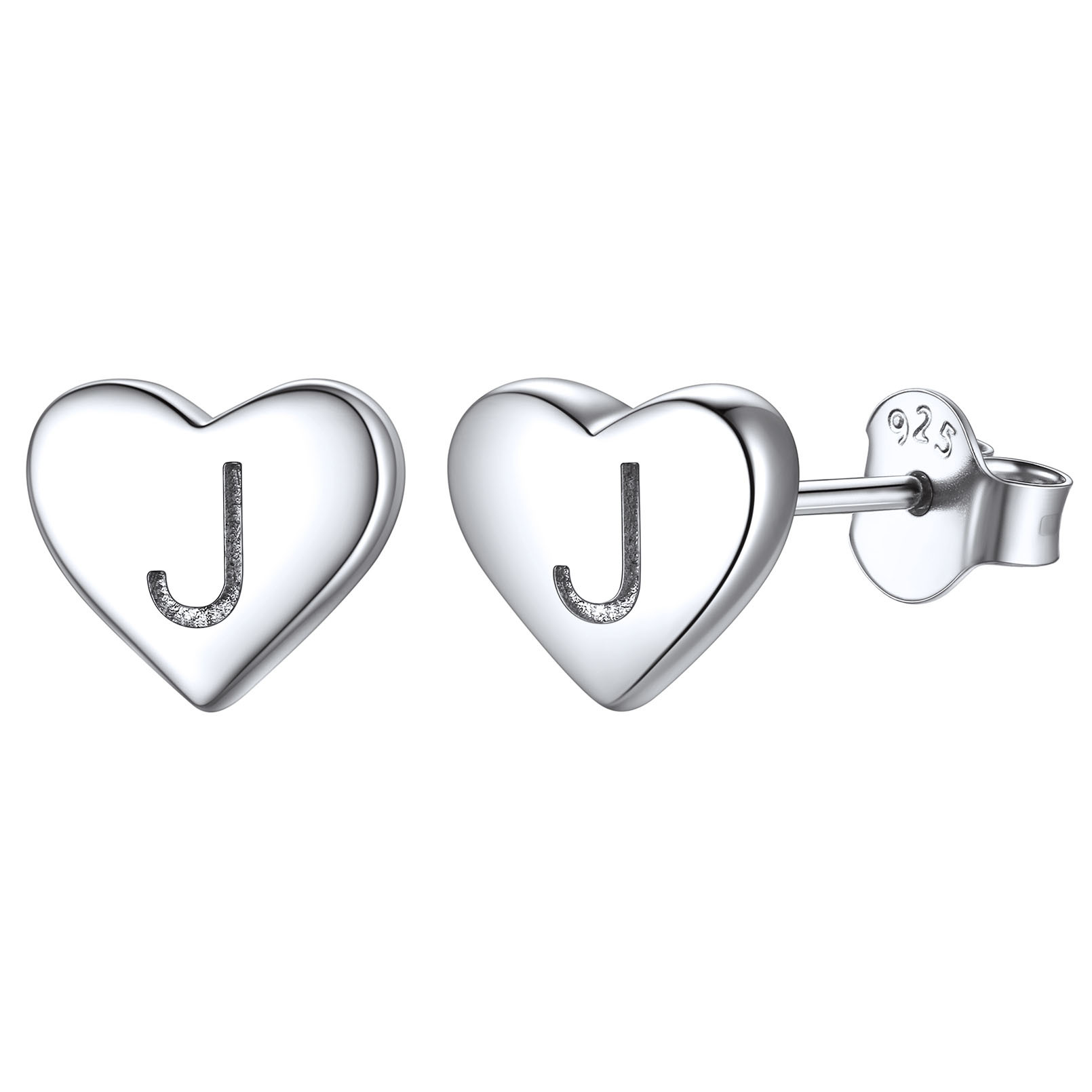 Heart Initial 925 Sterling Silver Stud Earrings for Women 