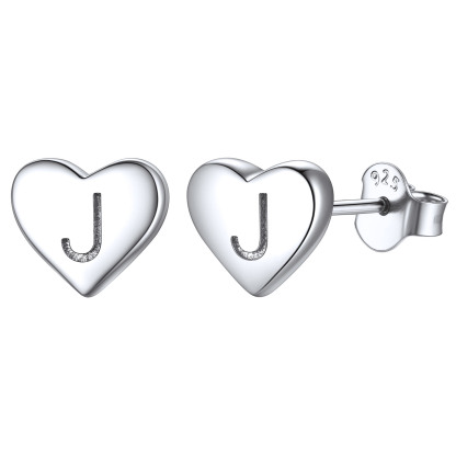 Heart Initial 925 Sterling Silver Stud Earrings for Women 