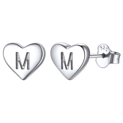 Heart Initial 925 Sterling Silver Stud Earrings for Women 