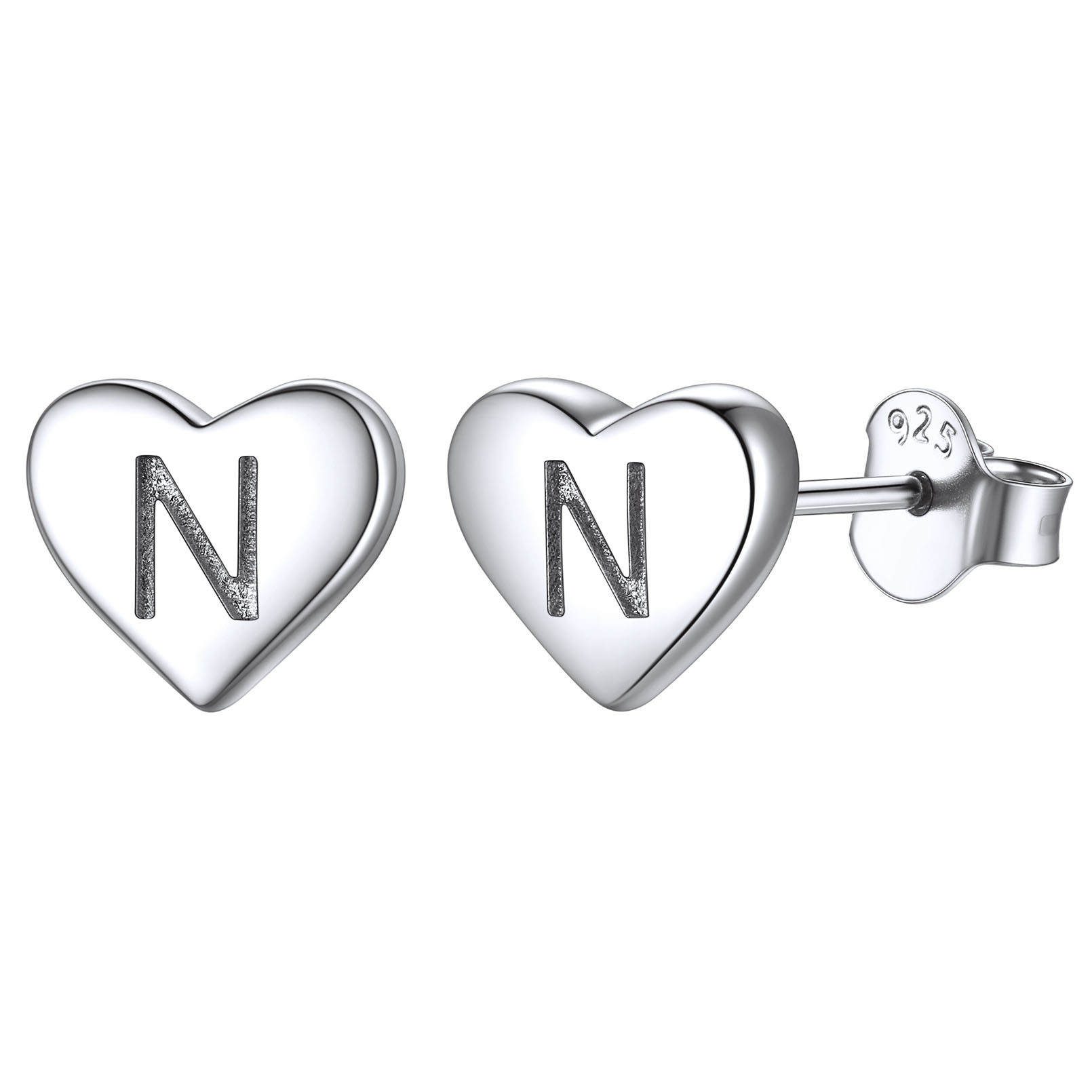 Heart Initial 925 Sterling Silver Stud Earrings for Women 