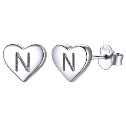 Heart Initial 925 Sterling Silver Stud Earrings for Women 