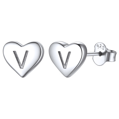 Heart Initial 925 Sterling Silver Stud Earrings for Women 