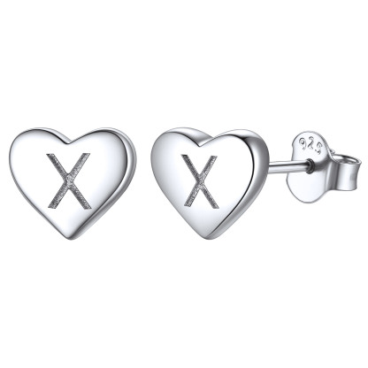Heart Initial 925 Sterling Silver Stud Earrings for Women 