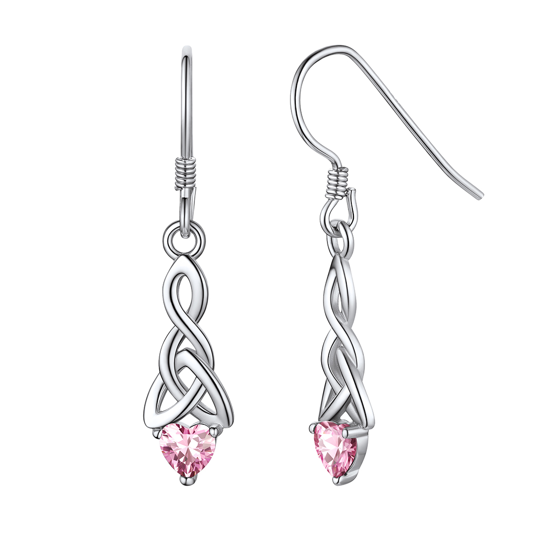 Heart Birthstone 925 Sterling Silver Celtic Knot Dangle Hook Earrings Oct