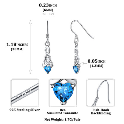 Heart Birthstone 925 Sterling Silver Celtic Knot Dangle Hook Earrings size