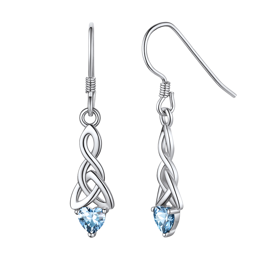 Heart Birthstone 925 Sterling Silver Celtic Knot Dangle Hook Earrings Mar