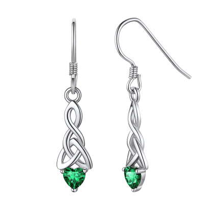 Heart Birthstone 925 Sterling Silver Celtic Knot Dangle Hook Earrings May