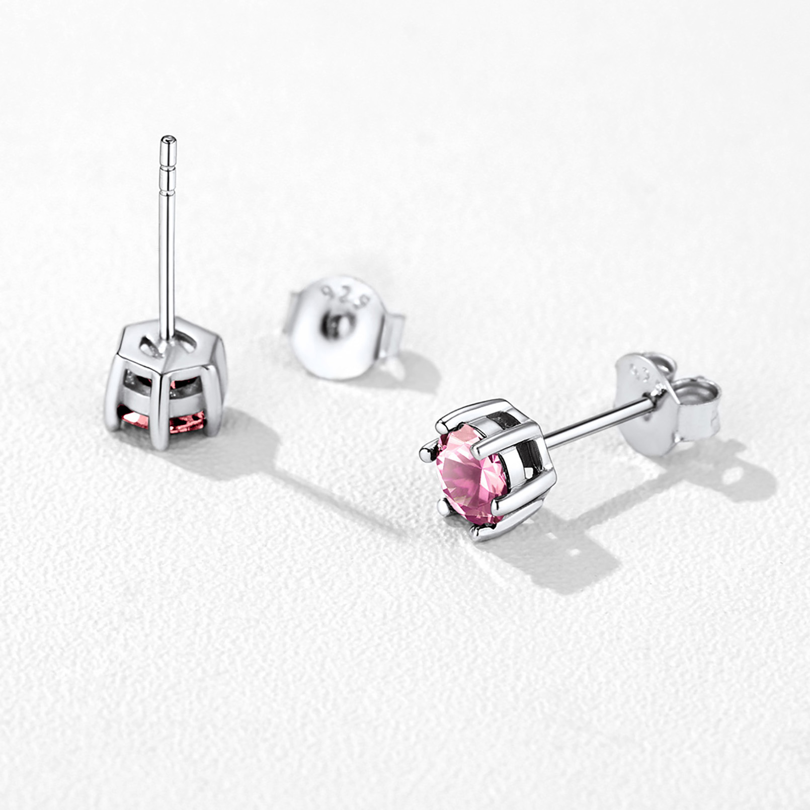 Sterling Silver Birthstone Round Cut Stud Earrings for Women detail