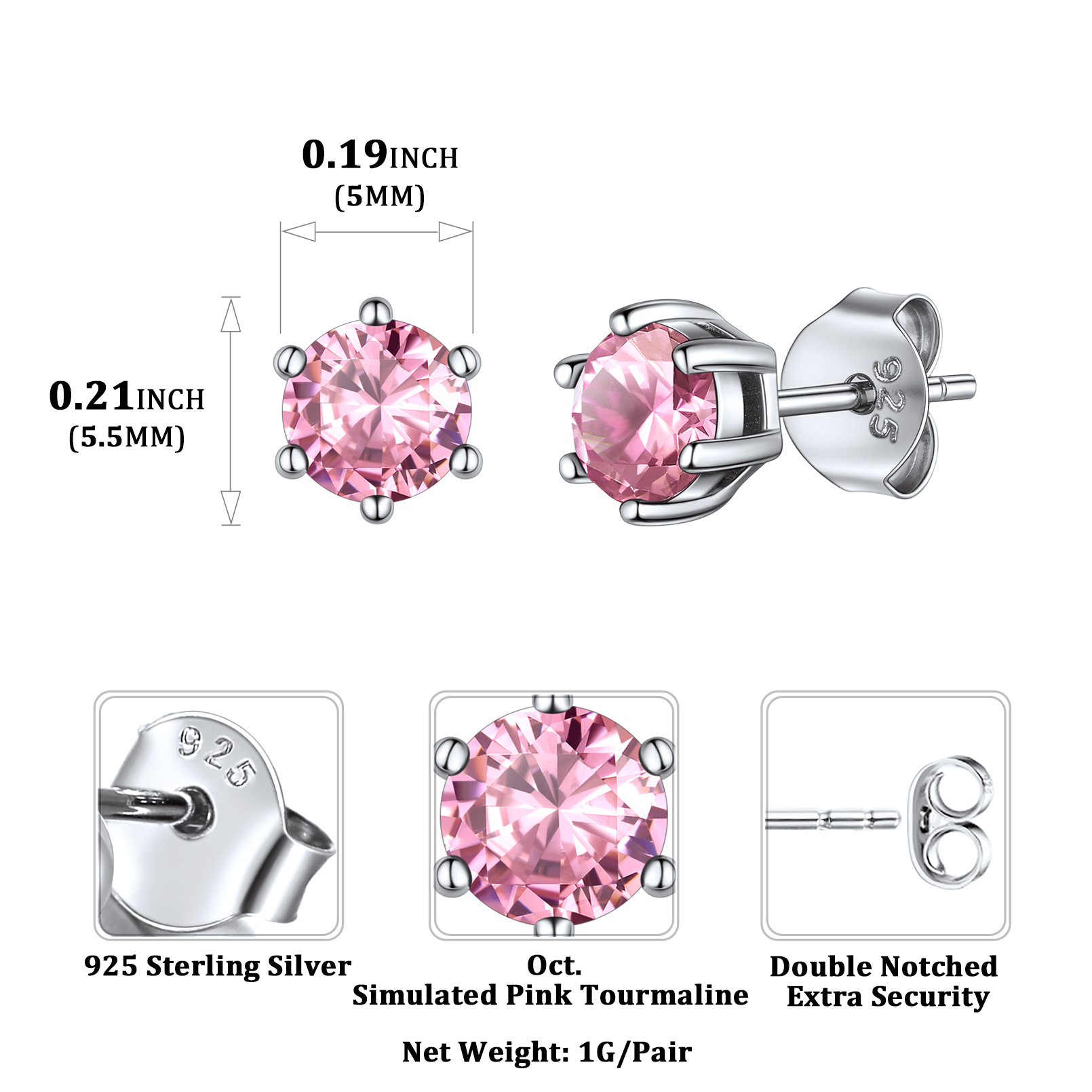 925 Sterling Silver Birthstone Round Cut Stud Earrings for Women size