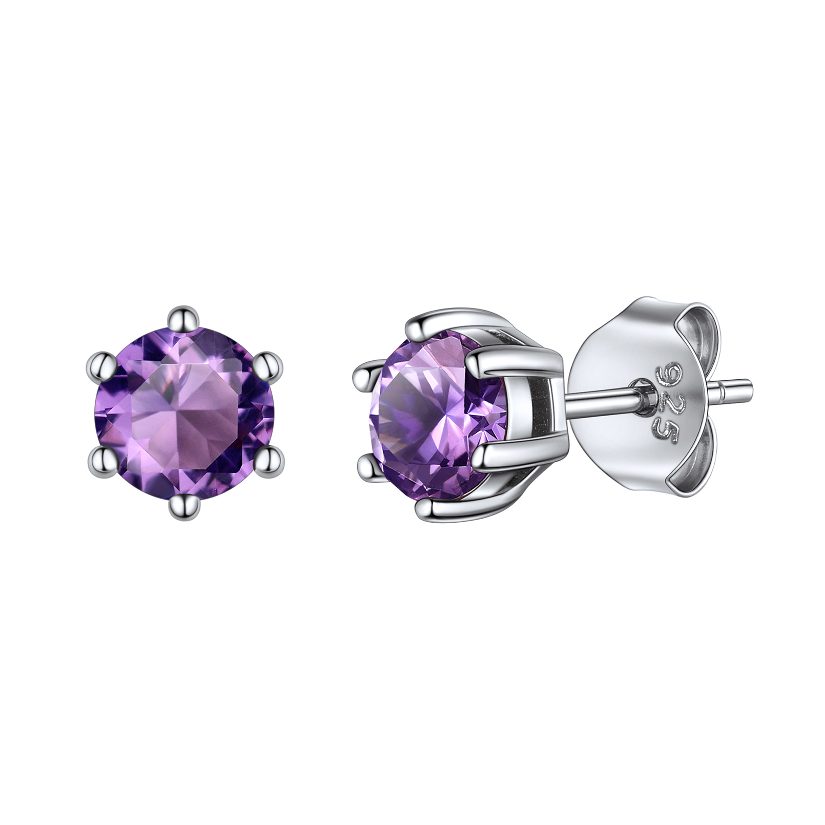 925 Sterling Silver Birthstone Round Cut Stud Earrings for Women Feb