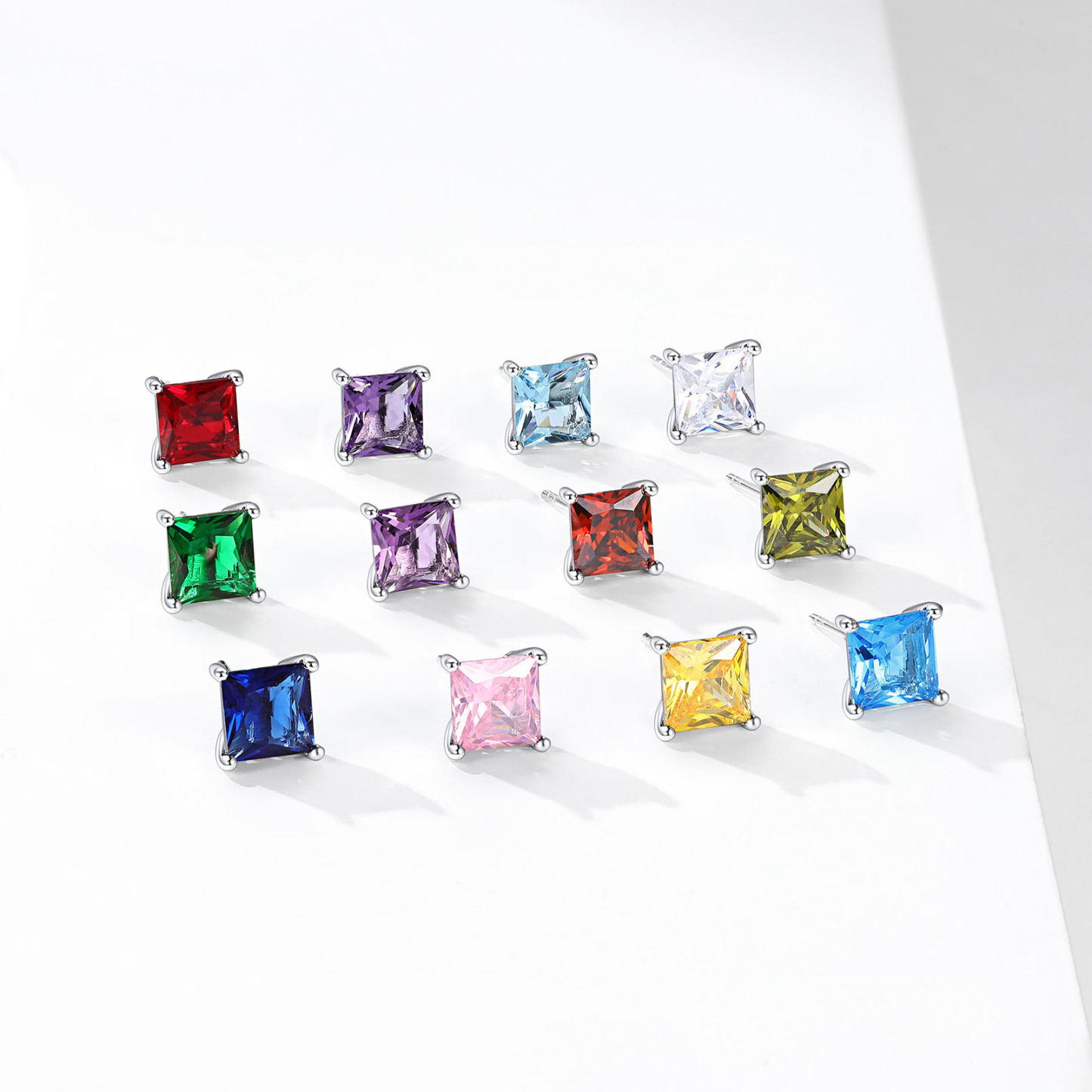 925 Sterling Silver Birthstone Princess Cut Stud Earrings for Women