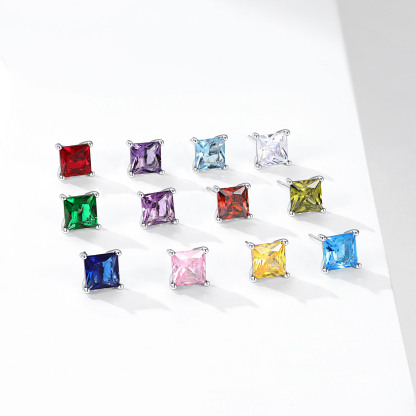 925 Sterling Silver Birthstone Princess Cut Stud Earrings for Women