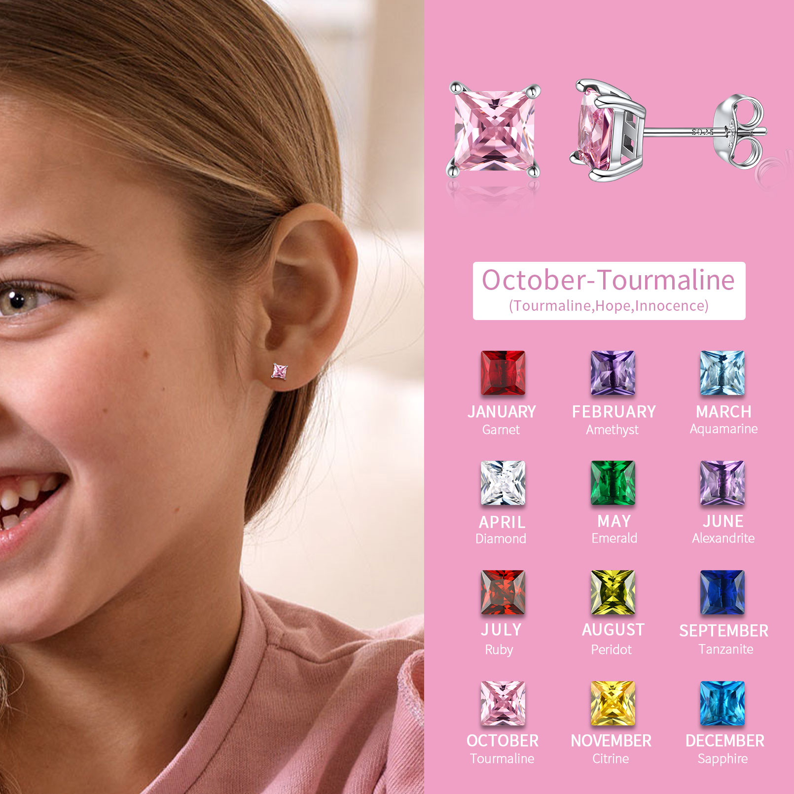 Birthstone Princess Cut Stud Earrings for Women