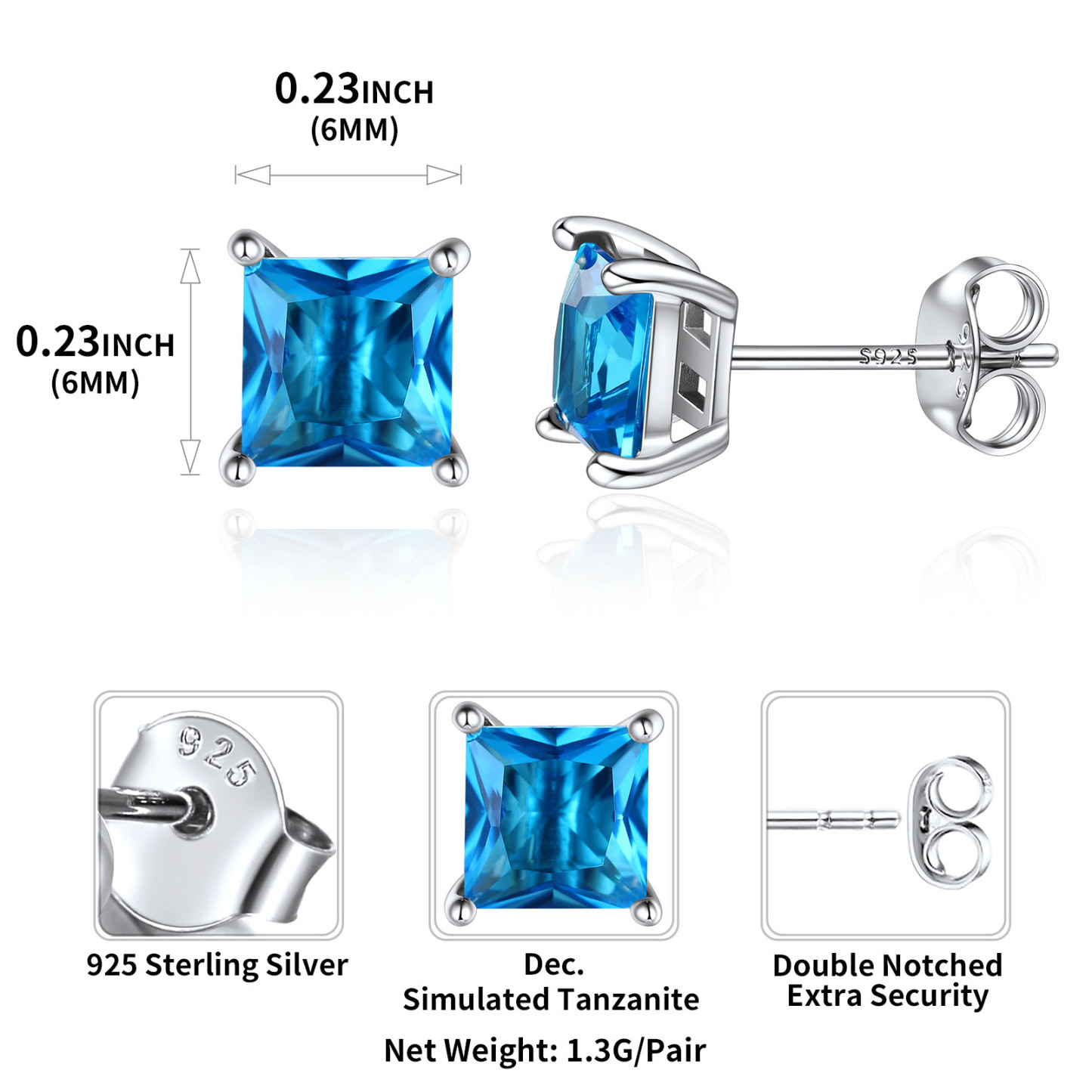 925 Sterling Silver Birthstone Princess Cut Stud Earrings for Women