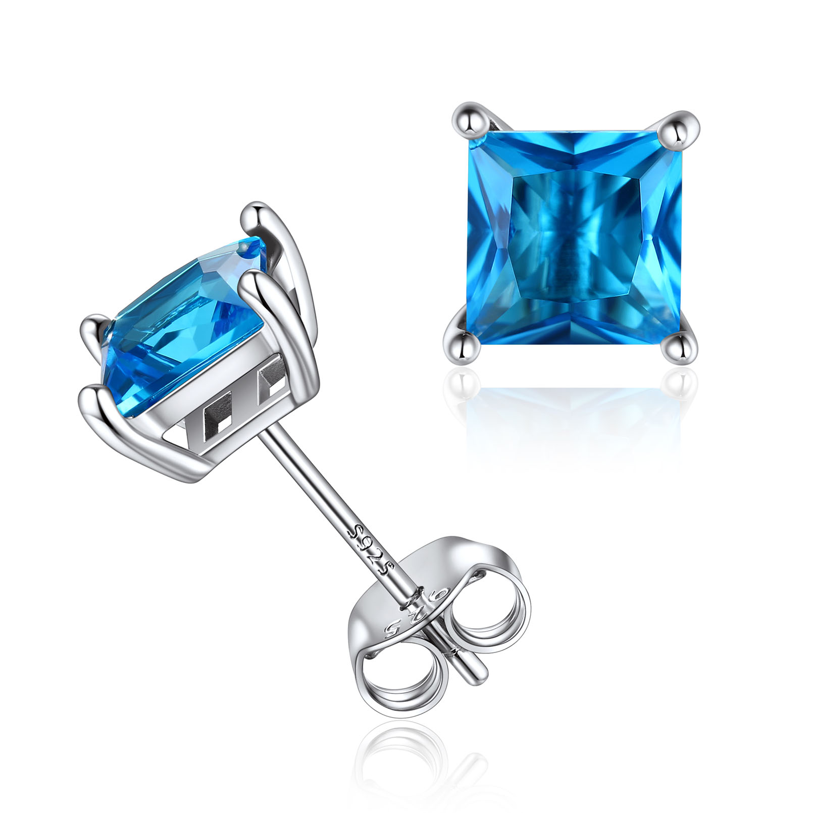 925 Sterling Silver Birthstone Princess Cut Stud Earrings for Women