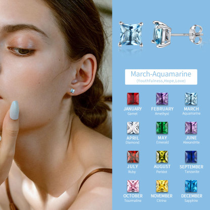  Sterling Silver Birthstone Princess Cut Stud Earrings for Women