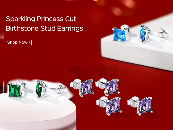 925 Sterling Silver Birthstone Princess Cut Stud Earrings 