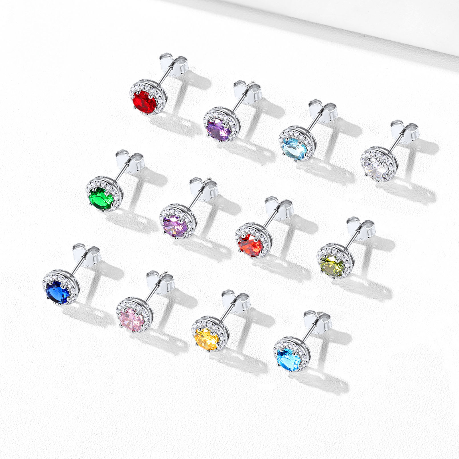 925 Sterling Silver Birthstone Round Crystal Stud Earrings for Women