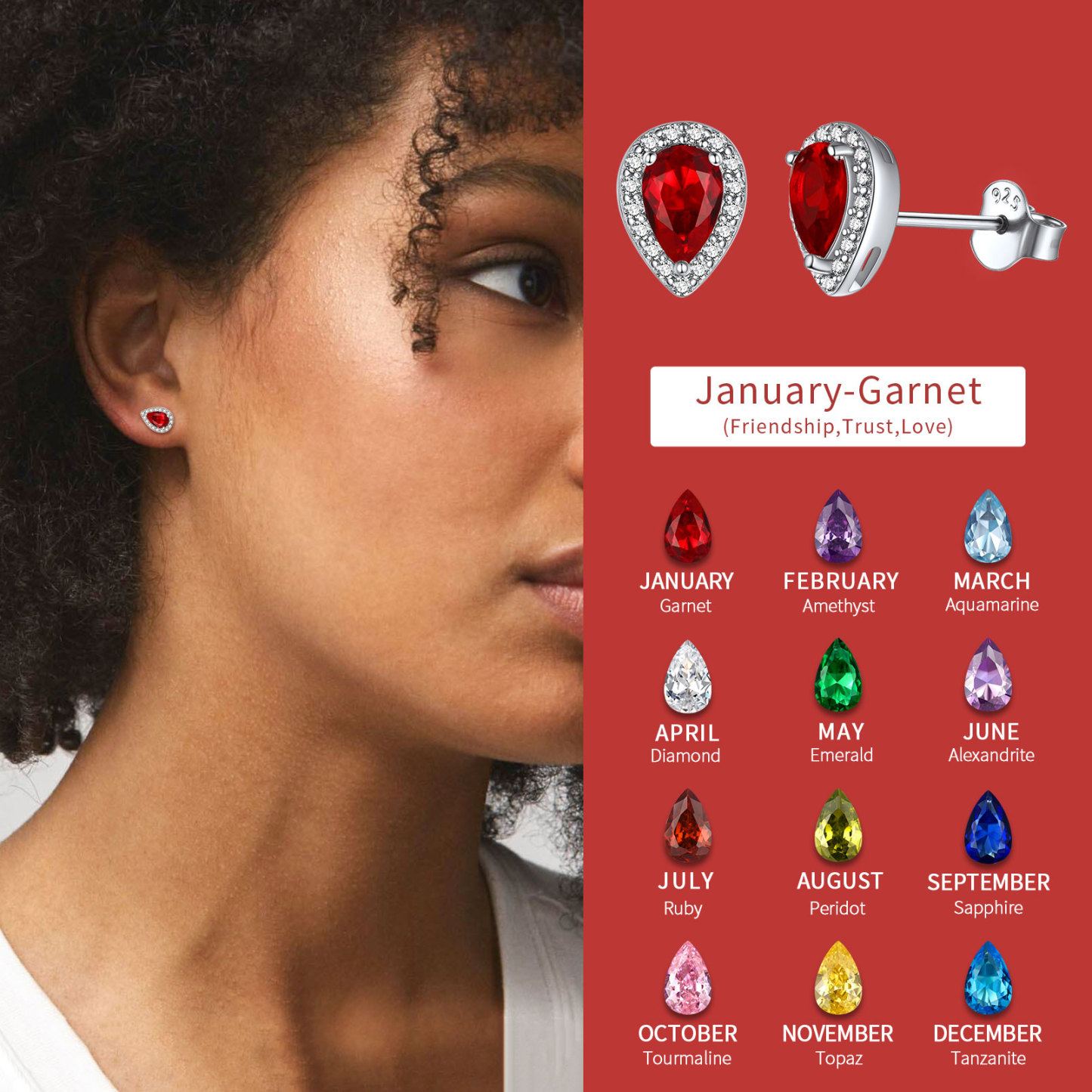 Sterling Silver Birthstone Pear Cut Stud Earrings for Women