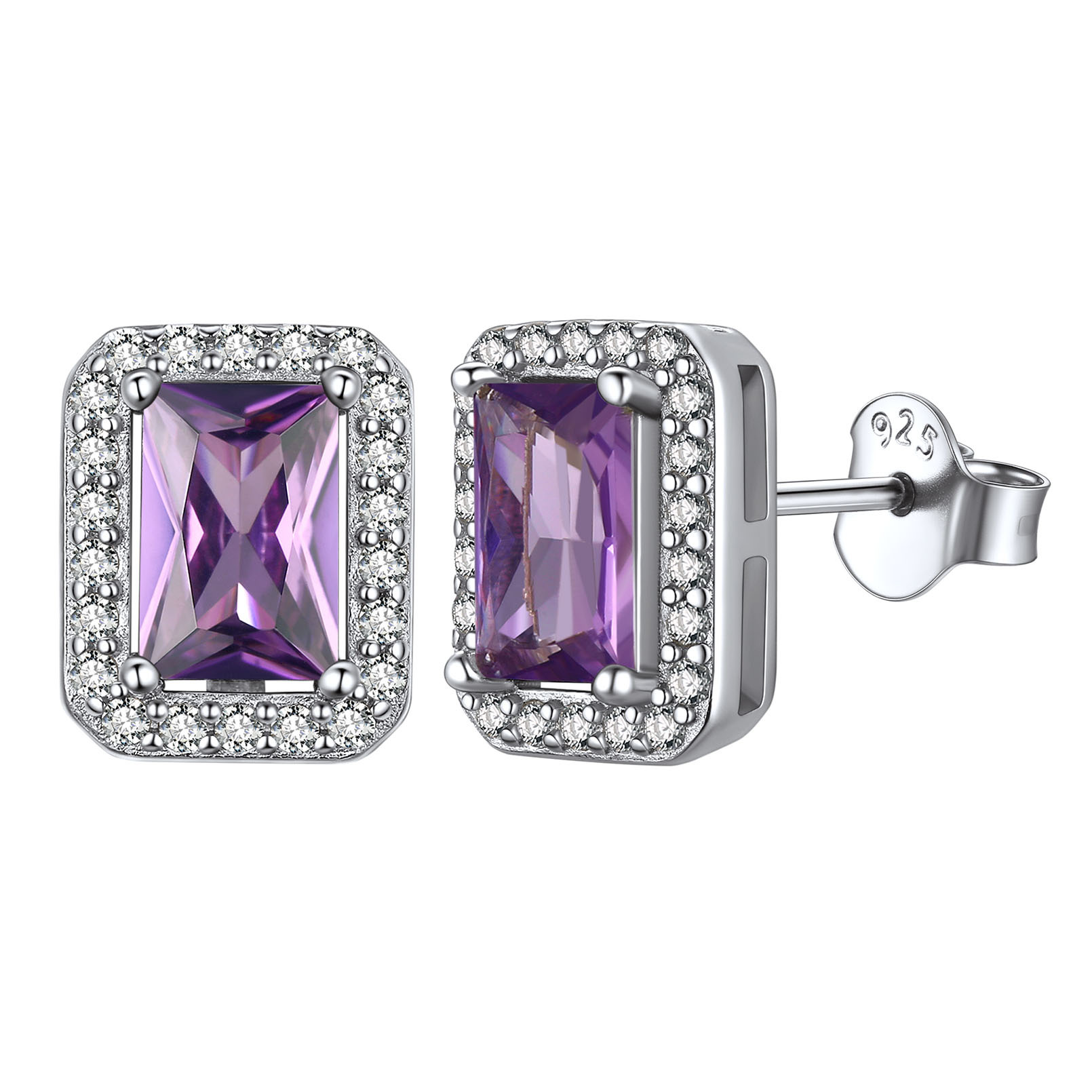 Birthstone Square Halo Sterling Silver Earrings February-Amethyst