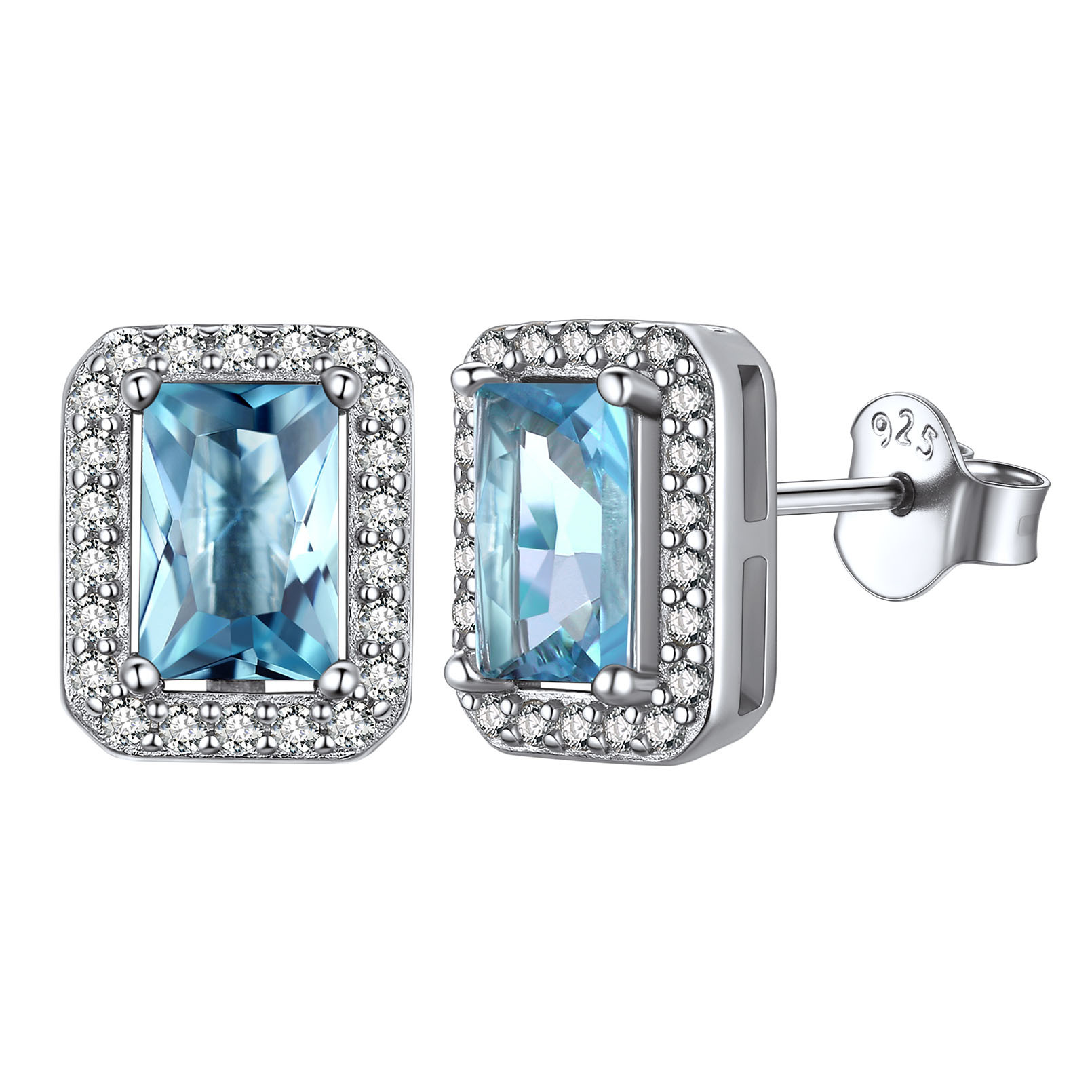 Birthstone Square Halo Sterling Silver Earrings March-Aquamarine
