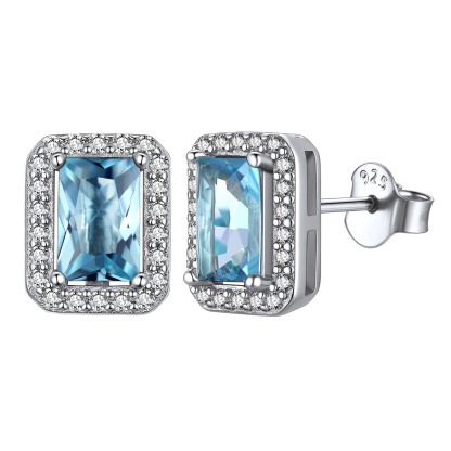 Birthstone Square Halo Sterling Silver Earrings March-Aquamarine